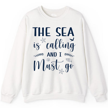 The Sea Is Calling Shirt - Ocean Lover Apparel Beach Vacation Tee (Sweatshirt) in White - The Sea Is Calling Shirt - Ocean Typography With Shells and Starfish