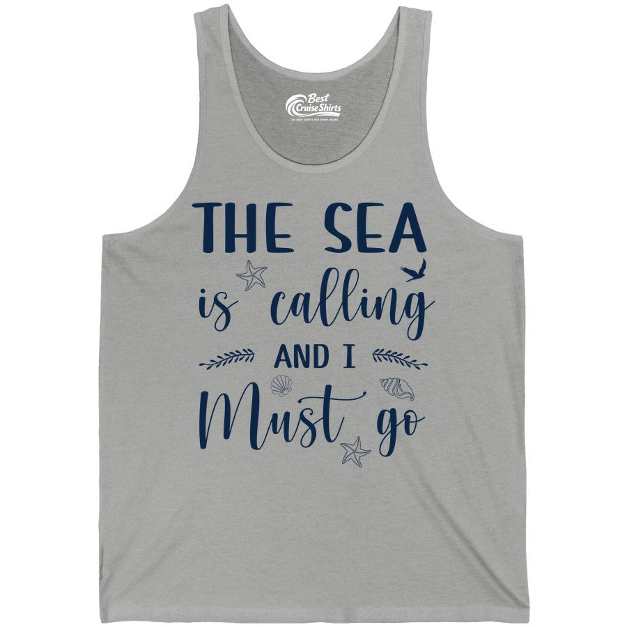 The Sea Is Calling Shirt - Ocean Lover Apparel Beach Vacation Tee (Tank Top) in Athletic Heather - The Sea Is Calling Shirt - Ocean Typography With Shells and Starfish