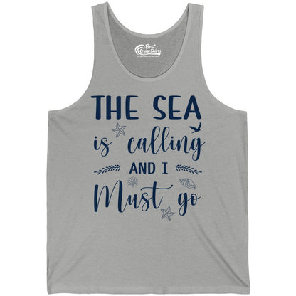 The Sea Is Calling Shirt - Ocean Lover Apparel Beach Vacation Tee (Tank Top) in Athletic Heather - The Sea Is Calling Shirt - Ocean Typography With Shells and Starfish
