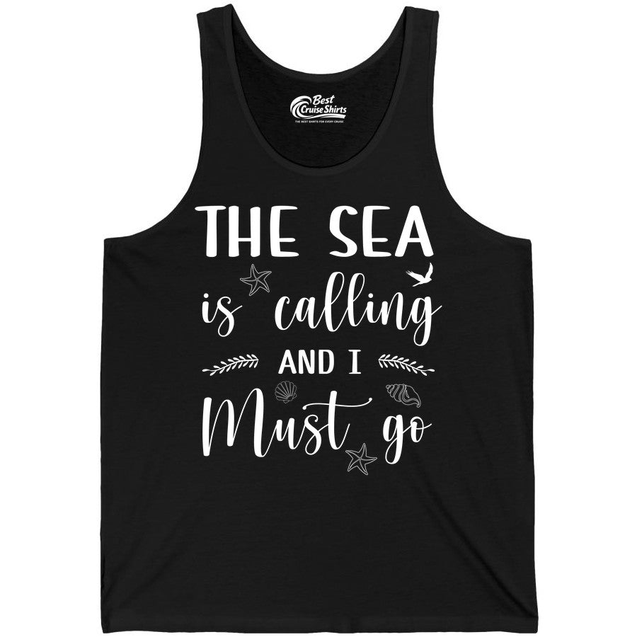 The Sea Is Calling Shirt - Ocean Lover Apparel Beach Vacation Tee (Tank Top) in Black - The Sea Is Calling Shirt - Ocean Typography With Shells and Starfish
