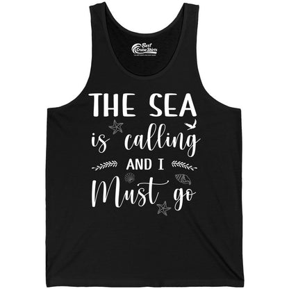 The Sea Is Calling Shirt - Ocean Lover Apparel Beach Vacation Tee (Tank Top) in Black - The Sea Is Calling Shirt - Ocean Typography With Shells and Starfish