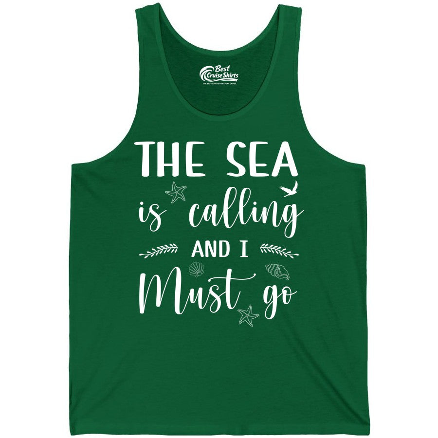The Sea Is Calling Shirt - Ocean Lover Apparel Beach Vacation Tee (Tank Top) in Kelly - The Sea Is Calling Shirt - Ocean Typography With Shells and Starfish