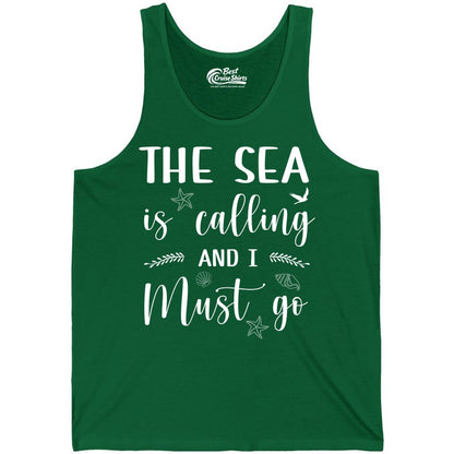 The Sea Is Calling Shirt - Ocean Lover Apparel Beach Vacation Tee (Tank Top) in Kelly - The Sea Is Calling Shirt - Ocean Typography With Shells and Starfish
