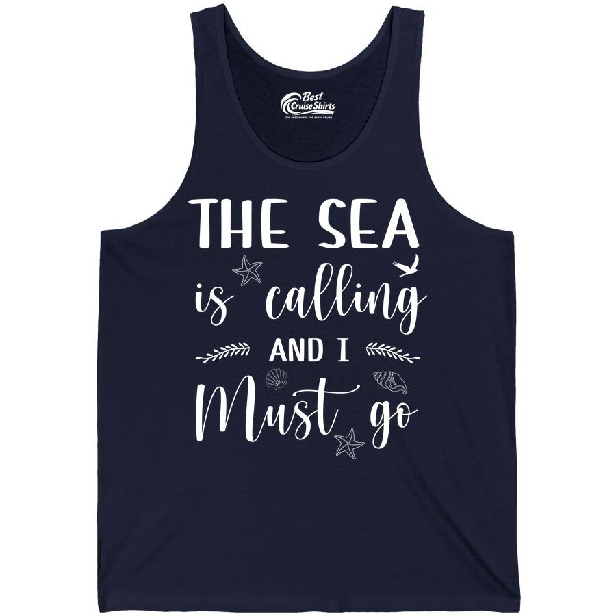 The Sea Is Calling Shirt - Ocean Lover Apparel Beach Vacation Tee (Tank Top) in Navy - The Sea Is Calling Shirt - Ocean Typography With Shells and Starfish