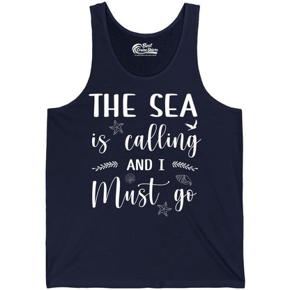 The Sea Is Calling Shirt - Ocean Lover Apparel Beach Vacation Tee (Tank Top) in Navy - The Sea Is Calling Shirt - Ocean Typography With Shells and Starfish