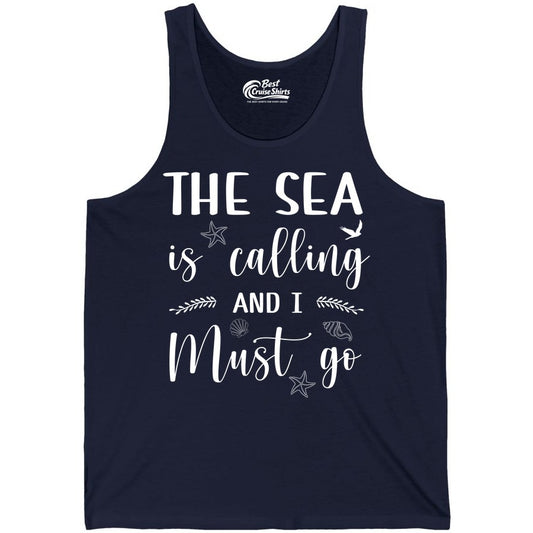 The Sea Is Calling Shirt - Ocean Lover Apparel Beach Vacation Tee (Tank Top) in Navy - The Sea Is Calling Shirt - Ocean Typography With Shells and Starfish