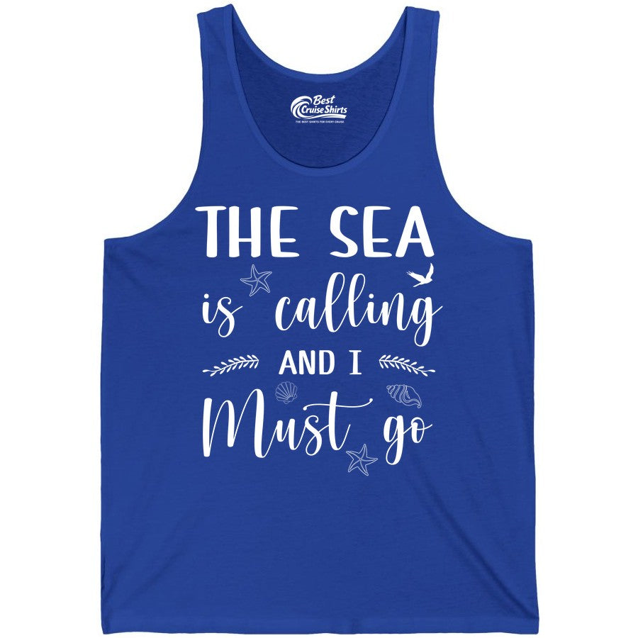 The Sea Is Calling Shirt - Ocean Lover Apparel Beach Vacation Tee (Tank Top) in True Royal - The Sea Is Calling Shirt - Ocean Typography With Shells and Starfish