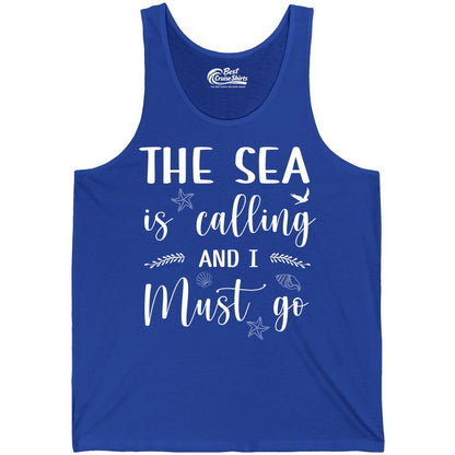 The Sea Is Calling Shirt - Ocean Lover Apparel Beach Vacation Tee (Tank Top) in True Royal - The Sea Is Calling Shirt - Ocean Typography With Shells and Starfish