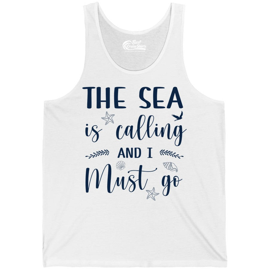 The Sea Is Calling Shirt - Ocean Lover Apparel Beach Vacation Tee (Tank Top) in White - The Sea Is Calling Shirt - Ocean Typography With Shells and Starfish