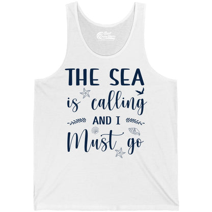 The Sea Is Calling Shirt - Ocean Lover Apparel Beach Vacation Tee (Tank Top) in White - The Sea Is Calling Shirt - Ocean Typography With Shells and Starfish