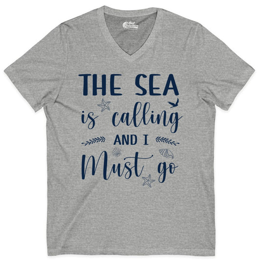 The Sea Is Calling Shirt - Ocean Lover Apparel Beach Vacation Tee (V-Neck) in Athletic Heather - The Sea Is Calling Shirt - Ocean Typography With Shells and Starfish