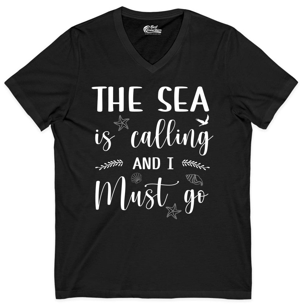 The Sea Is Calling Shirt - Ocean Lover Apparel Beach Vacation Tee (V-Neck) in Black - The Sea Is Calling Shirt - Ocean Typography With Shells and Starfish