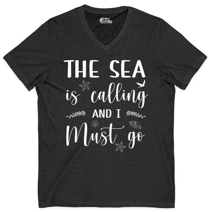 The Sea Is Calling Shirt - Ocean Lover Apparel Beach Vacation Tee (V-Neck) in Dark Grey Heather - The Sea Is Calling Shirt - Ocean Typography With Shells and Starfish