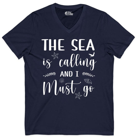 The Sea Is Calling Shirt - Ocean Lover Apparel Beach Vacation Tee (V-Neck) in Navy - The Sea Is Calling Shirt - Ocean Typography With Shells and Starfish