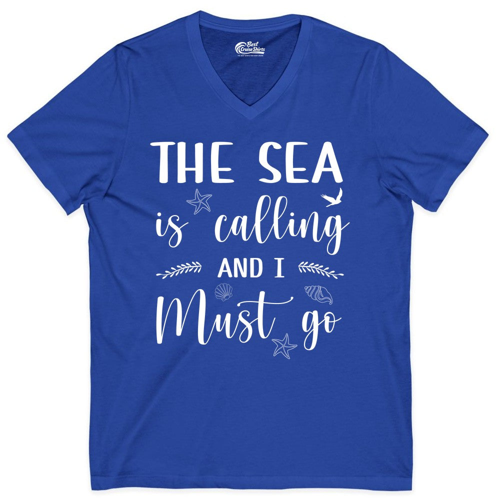 The Sea Is Calling Shirt - Ocean Lover Apparel Beach Vacation Tee (V-Neck) in True Royal - The Sea Is Calling Shirt - Ocean Typography With Shells and Starfish