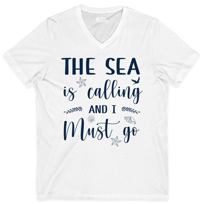 The Sea Is Calling Shirt - Ocean Lover Apparel Beach Vacation Tee (V-Neck) in White - The Sea Is Calling Shirt - Ocean Typography With Shells and Starfish