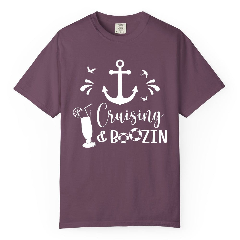 Cruise Drinking Shirt - Funny Nautical Booze Cruise Party Apparel (Comfort Color) in Berry - Cruising and Boozin Nautical Party Shirt with Anchor and Cocktail Art