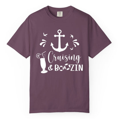 Cruise Drinking Shirt - Funny Nautical Booze Cruise Party Apparel (Comfort Color) in Berry - Cruising and Boozin Nautical Party Shirt with Anchor and Cocktail Art