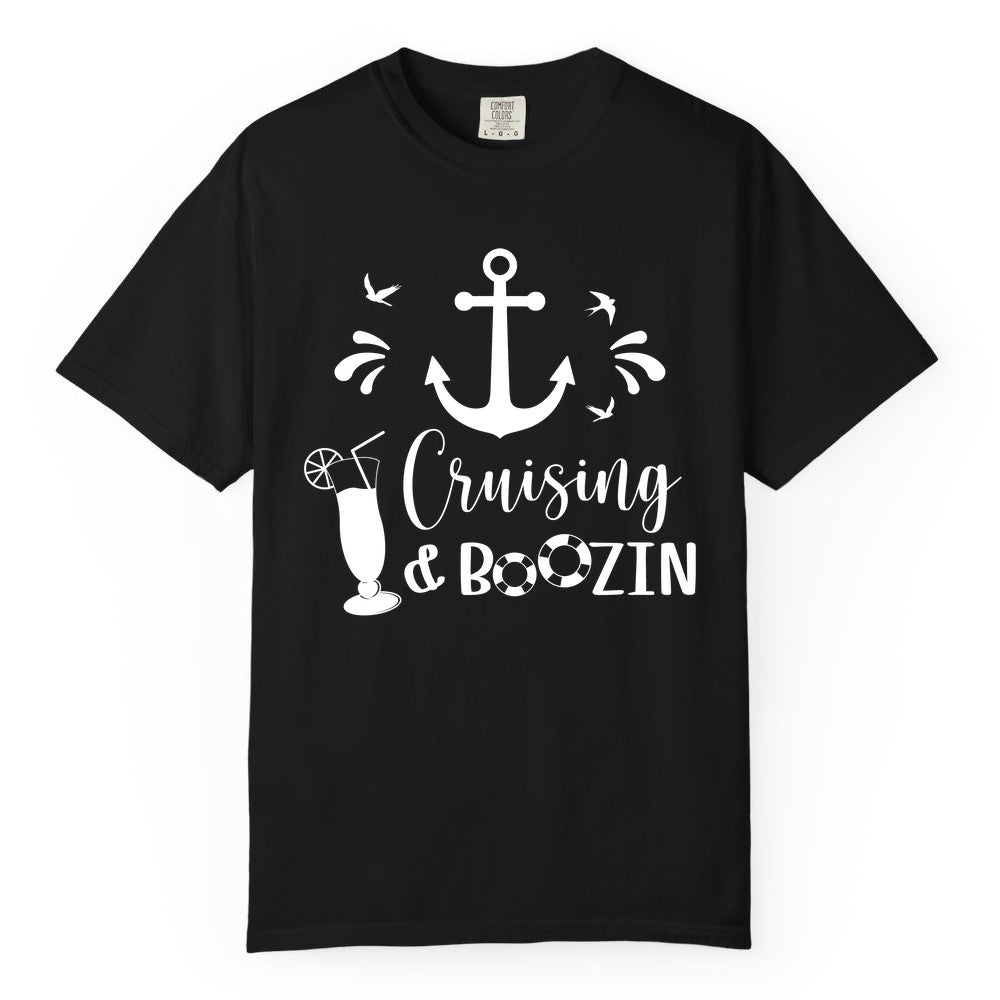 Cruise Drinking Shirt - Funny Nautical Booze Cruise Party Apparel (Comfort Color) in Black - Cruising and Boozin Nautical Party Shirt with Anchor and Cocktail Art