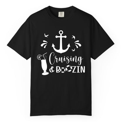 Cruise Drinking Shirt - Funny Nautical Booze Cruise Party Apparel (Comfort Color) in Black - Cruising and Boozin Nautical Party Shirt with Anchor and Cocktail Art