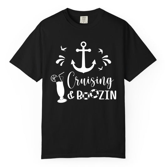 Cruise Drinking Shirt - Funny Nautical Booze Cruise Party Apparel (Comfort Color) in Black - Cruising and Boozin Nautical Party Shirt with Anchor and Cocktail Art
