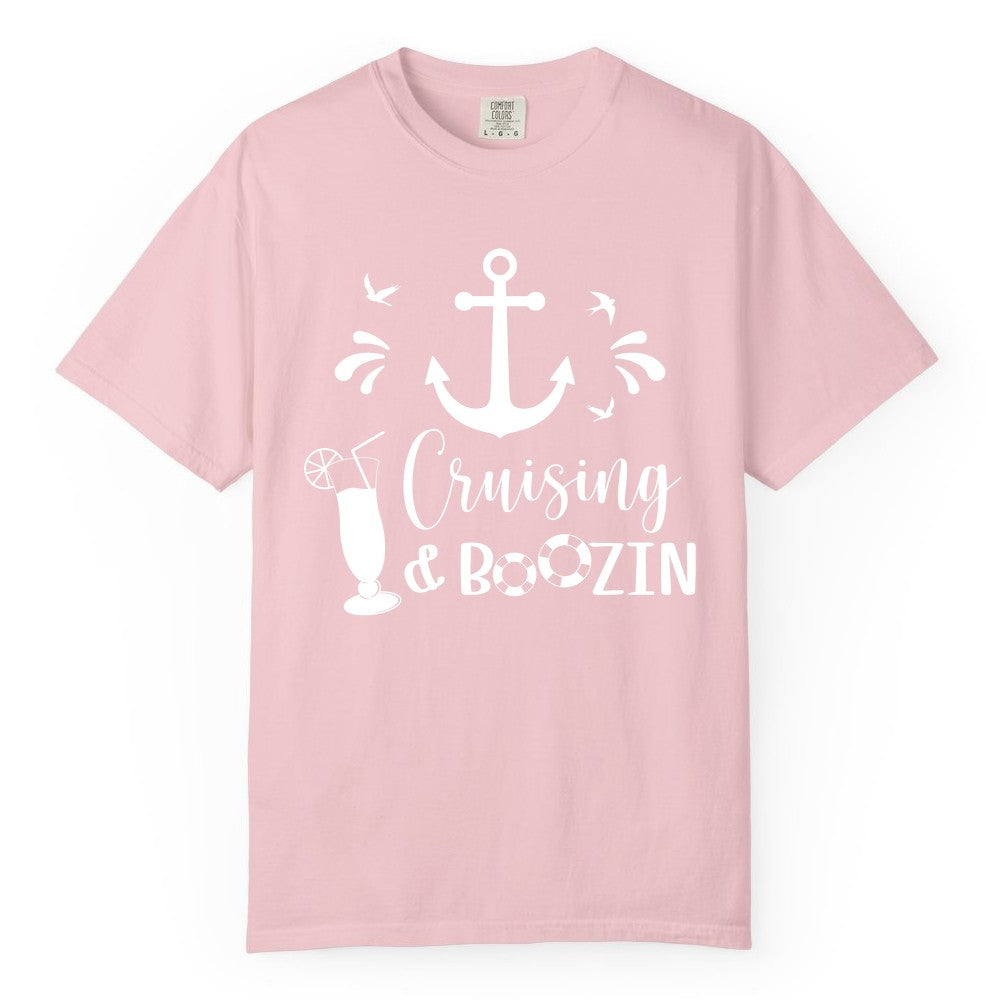 Cruise Drinking Shirt - Funny Nautical Booze Cruise Party Apparel (Comfort Color) in Blossom - Cruising and Boozin Nautical Party Shirt with Anchor and Cocktail Art