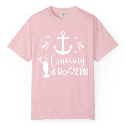 Cruise Drinking Shirt - Funny Nautical Booze Cruise Party Apparel (Comfort Color) in Blossom - Cruising and Boozin Nautical Party Shirt with Anchor and Cocktail Art