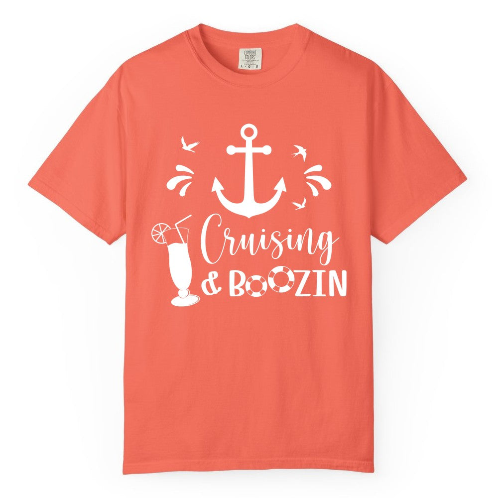 Cruise Drinking Shirt - Funny Nautical Booze Cruise Party Apparel (Comfort Color) in Bright Salmon - Cruising and Boozin Nautical Party Shirt with Anchor and Cocktail Art