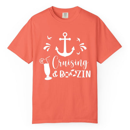 Cruise Drinking Shirt - Funny Nautical Booze Cruise Party Apparel (Comfort Color) in Bright Salmon - Cruising and Boozin Nautical Party Shirt with Anchor and Cocktail Art