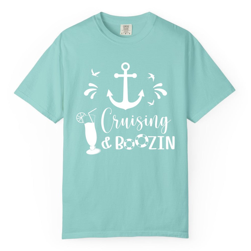 Cruise Drinking Shirt - Funny Nautical Booze Cruise Party Apparel (Comfort Color) in Chalky Mint - Cruising and Boozin Nautical Party Shirt with Anchor and Cocktail Art