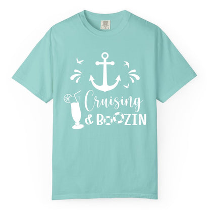 Cruise Drinking Shirt - Funny Nautical Booze Cruise Party Apparel (Comfort Color) in Chalky Mint - Cruising and Boozin Nautical Party Shirt with Anchor and Cocktail Art