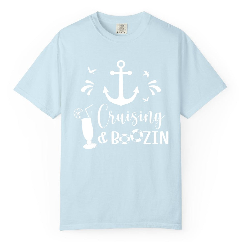 Cruise Drinking Shirt - Funny Nautical Booze Cruise Party Apparel (Comfort Color) in Chambray - Cruising and Boozin Nautical Party Shirt with Anchor and Cocktail Art