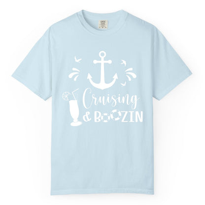Cruise Drinking Shirt - Funny Nautical Booze Cruise Party Apparel (Comfort Color) in Chambray - Cruising and Boozin Nautical Party Shirt with Anchor and Cocktail Art