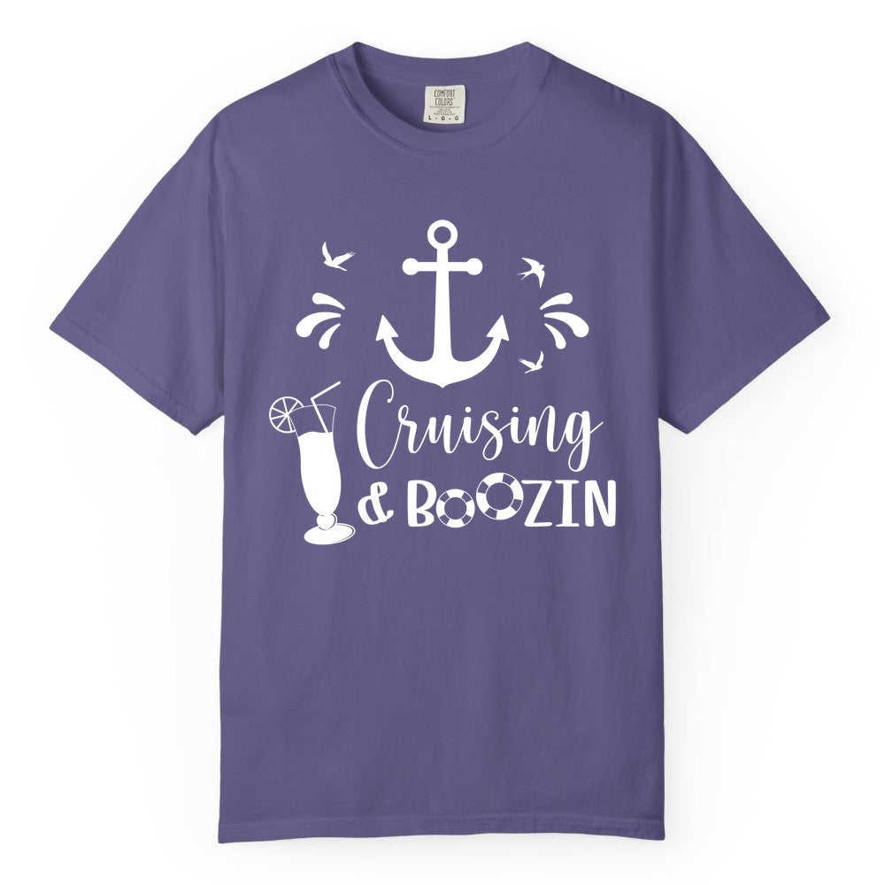 Cruise Drinking Shirt - Funny Nautical Booze Cruise Party Apparel (Comfort Color) in Grape - Cruising and Boozin Nautical Party Shirt with Anchor and Cocktail Art