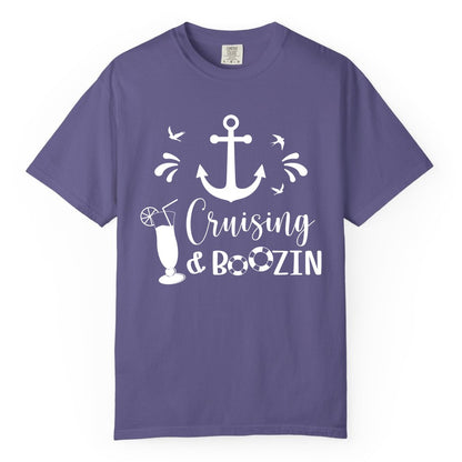 Cruise Drinking Shirt - Funny Nautical Booze Cruise Party Apparel (Comfort Color) in Grape - Cruising and Boozin Nautical Party Shirt with Anchor and Cocktail Art