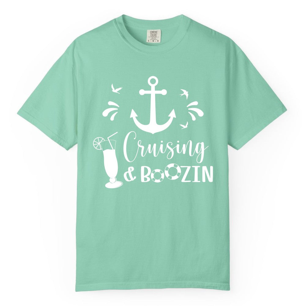 Cruise Drinking Shirt - Funny Nautical Booze Cruise Party Apparel (Comfort Color) in Island Reef - Cruising and Boozin Nautical Party Shirt with Anchor and Cocktail Art