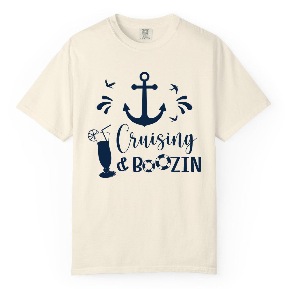 Cruise Drinking Shirt - Funny Nautical Booze Cruise Party Apparel (Comfort Color) in Ivory - Cruising and Boozin Nautical Party Shirt with Anchor and Cocktail Art
