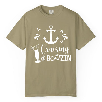 Cruise Drinking Shirt - Funny Nautical Booze Cruise Party Apparel (Comfort Color) in Khaki - Cruising and Boozin Nautical Party Shirt with Anchor and Cocktail Art