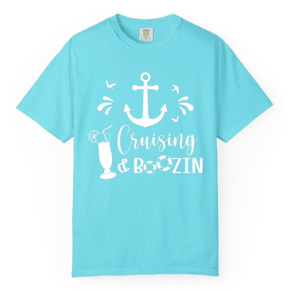 Cruise Drinking Shirt - Funny Nautical Booze Cruise Party Apparel (Comfort Color) in Lagoon Blue - Cruising and Boozin Nautical Party Shirt with Anchor and Cocktail Art