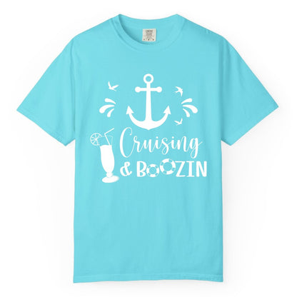 Cruise Drinking Shirt - Funny Nautical Booze Cruise Party Apparel (Comfort Color) in Lagoon Blue - Cruising and Boozin Nautical Party Shirt with Anchor and Cocktail Art