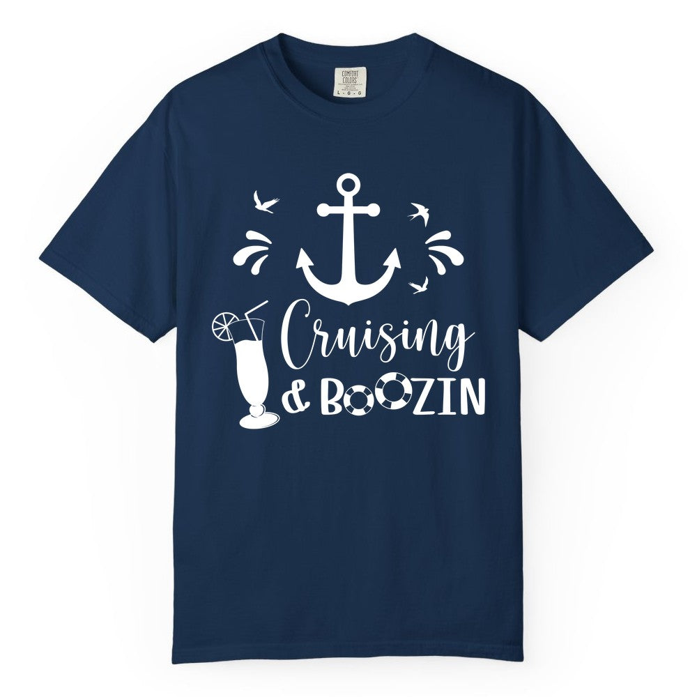 Cruise Drinking Shirt - Funny Nautical Booze Cruise Party Apparel (Comfort Color) in Navy - Cruising and Boozin Nautical Party Shirt with Anchor and Cocktail Art