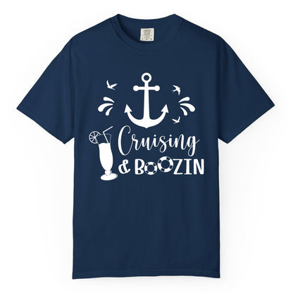 Cruise Drinking Shirt - Funny Nautical Booze Cruise Party Apparel (Comfort Color) in Navy - Cruising and Boozin Nautical Party Shirt with Anchor and Cocktail Art