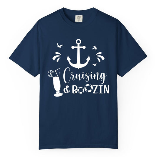Cruise Drinking Shirt - Funny Nautical Booze Cruise Party Apparel (Comfort Color) in Navy - Cruising and Boozin Nautical Party Shirt with Anchor and Cocktail Art