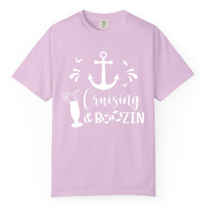 Cruise Drinking Shirt - Funny Nautical Booze Cruise Party Apparel (Comfort Color) in Orchid - Cruising and Boozin Nautical Party Shirt with Anchor and Cocktail Art