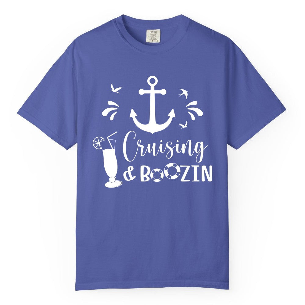 Cruise Drinking Shirt - Funny Nautical Booze Cruise Party Apparel (Comfort Color) in Periwinkle - Cruising and Boozin Nautical Party Shirt with Anchor and Cocktail Art