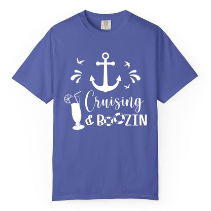 Cruise Drinking Shirt - Funny Nautical Booze Cruise Party Apparel (Comfort Color) in Periwinkle - Cruising and Boozin Nautical Party Shirt with Anchor and Cocktail Art