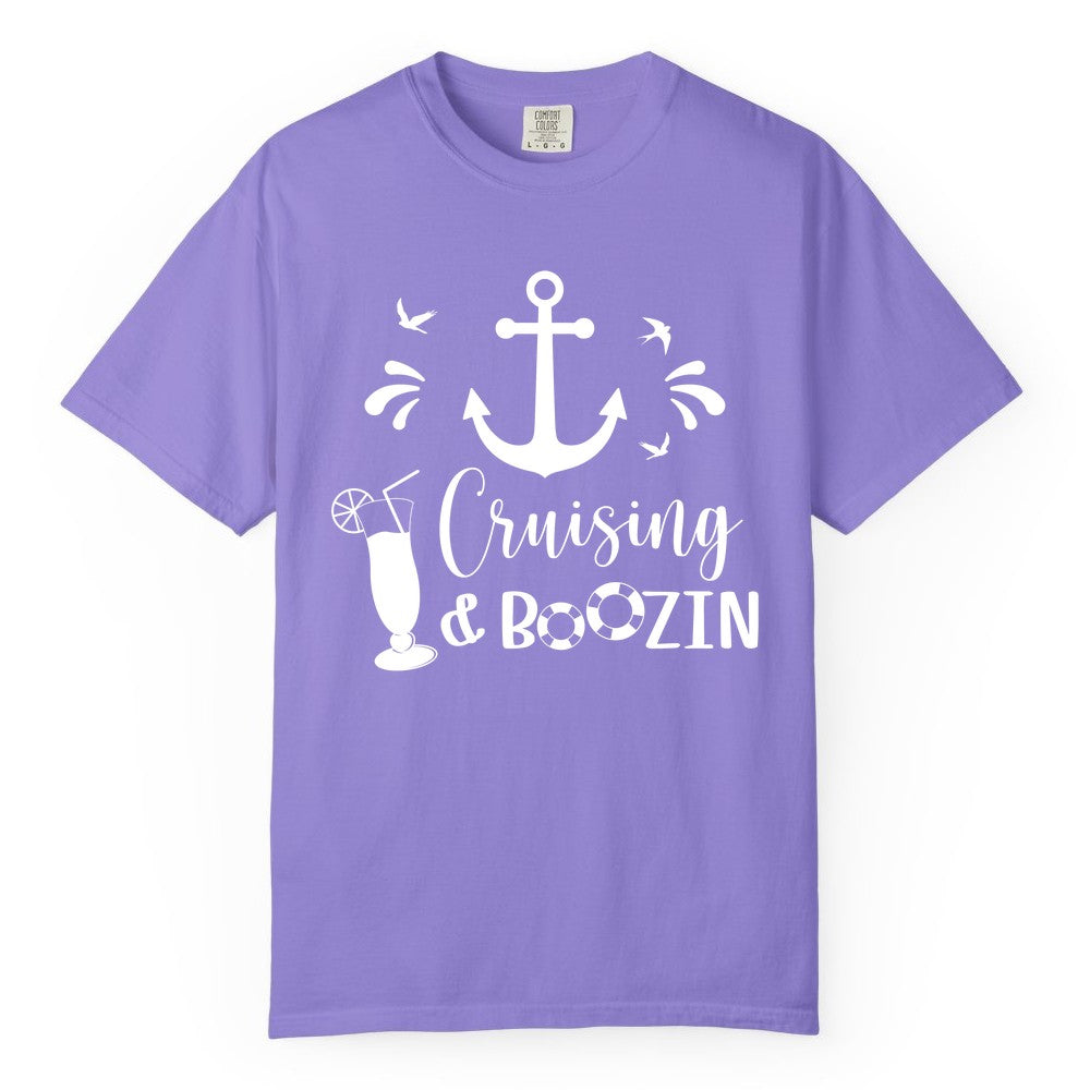 Cruise Drinking Shirt - Funny Nautical Booze Cruise Party Apparel (Comfort Color) in Violet - Cruising and Boozin Nautical Party Shirt with Anchor and Cocktail Art