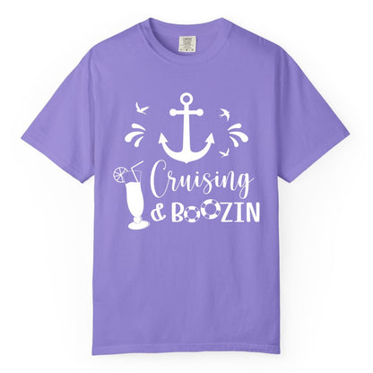Cruise Drinking Shirt - Funny Nautical Booze Cruise Party Apparel (Comfort Color) in Violet - Cruising and Boozin Nautical Party Shirt with Anchor and Cocktail Art