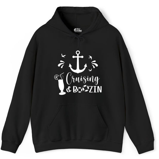 Cruise Drinking Shirt - Funny Nautical Booze Cruise Party Apparel (Hoodie) in Black - Cruising and Boozin Nautical Party Shirt with Anchor and Cocktail Art