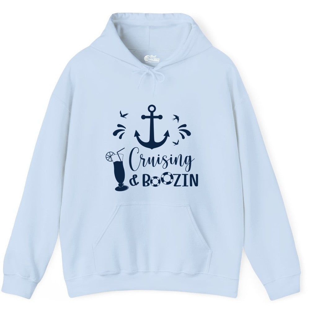 Cruise Drinking Shirt - Funny Nautical Booze Cruise Party Apparel (Hoodie) in Light Blue - Cruising and Boozin Nautical Party Shirt with Anchor and Cocktail Art